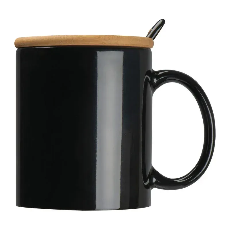 Cana din ceramica cu lingura si capac de bambus, 300ml